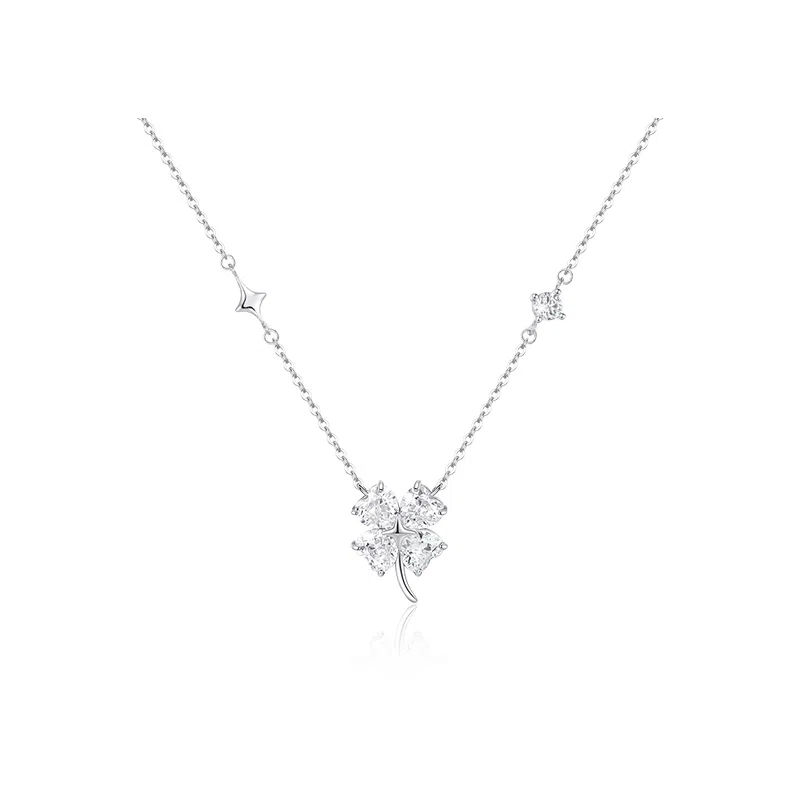 【999纯银|免费刻字】 凤祥囍事 老凤祥 爆闪四叶草锁骨链 轻奢时尚大牌百搭闪耀爱心锆石气质显白贵气感颈链 恋爱表白约会 足银 项链 女款