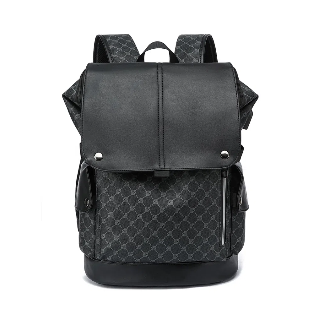 老人头 潮流时尚大容量短途旅游出差休闲背包通勤包电脑包大学生高中生上课书包 合成革 双肩包 常规 男款 皮膜军绿/花纹黑