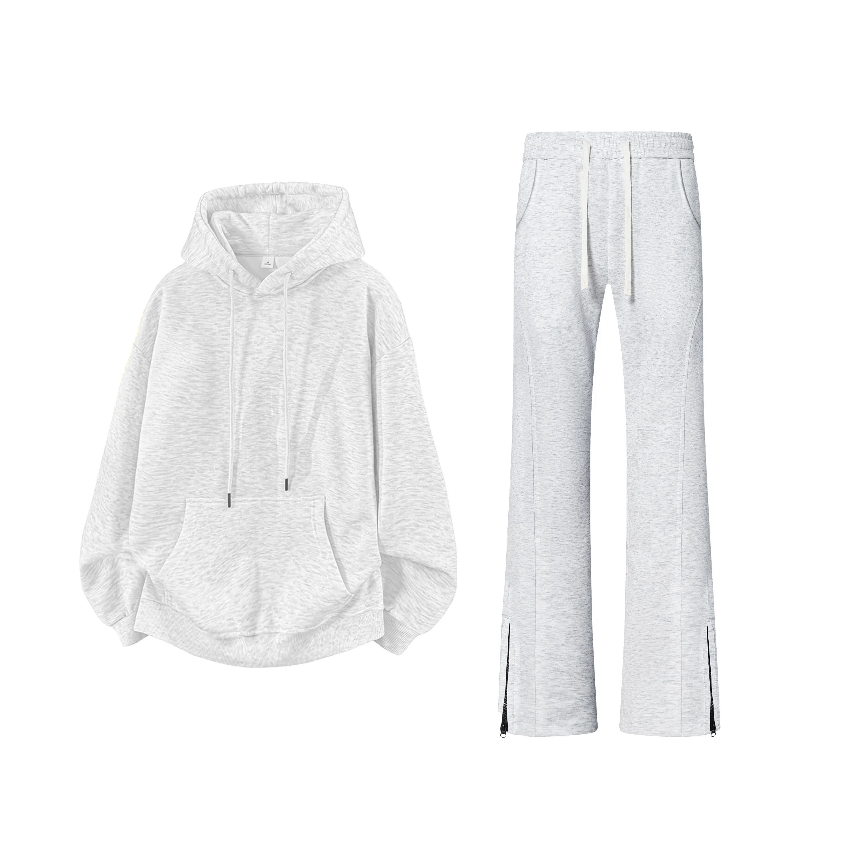 【可两穿卫裤免搭配一套】布客行 显高显瘦美式高街慵懒垂感老钱风弯刀直筒微喇拉链华棉重磅连帽卫衣长裤舒适百搭休闲运动套装 男女同款