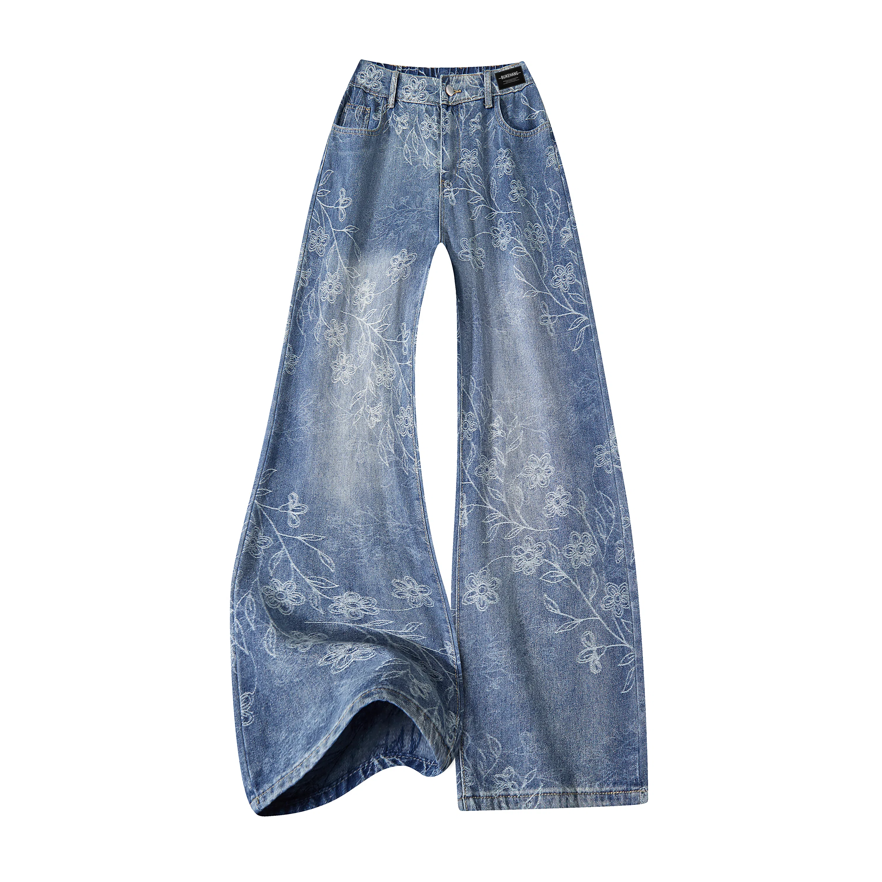 【万针刺绣提花蓝牛】布客行 修身显高显瘦美式高街水洗花卉柔软舒适休闲百搭垂感无性别主义微喇阔腿透气松紧腰直筒纹理牛仔裤 男女同款