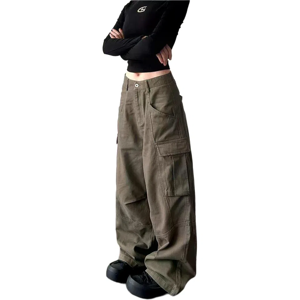 轻迎 美式复古大口袋休闲街头百搭宽松阔腿长裤工装裤 女款