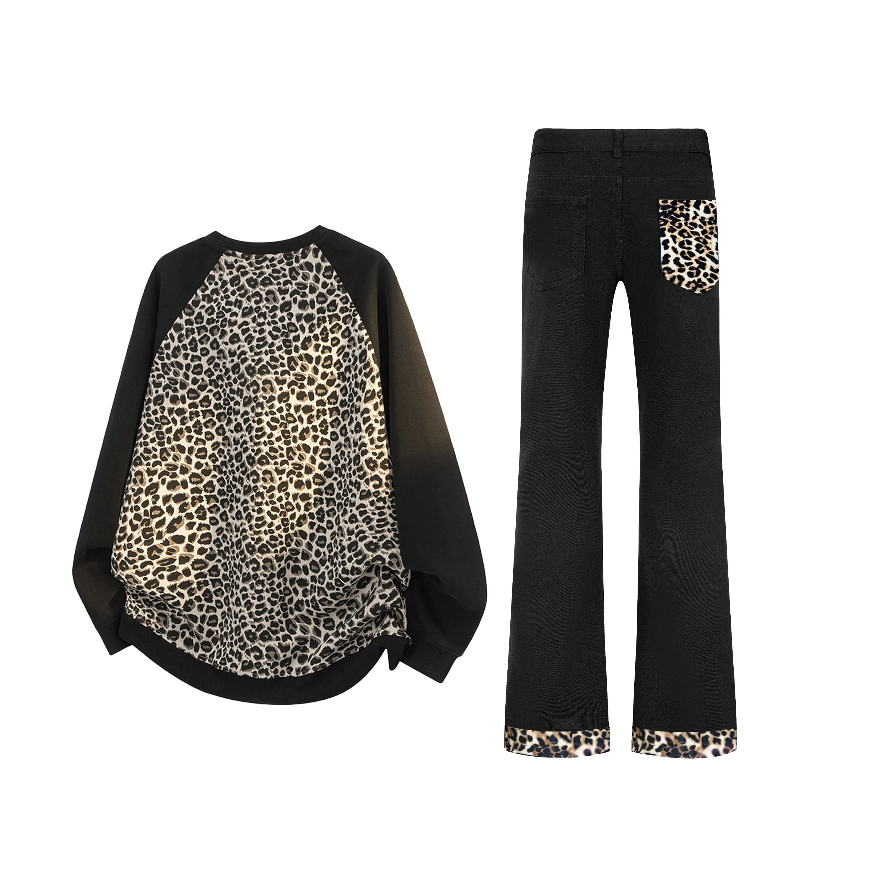 【暗黑豹纹免搭配一套】布客行 潮牌美式复古高街痞帅棕豹水洗做旧柳叶弯刀微喇显腿长裤子华棉重磅圆领长袖卫衣休闲运动套装 男女同款