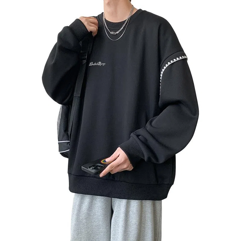 【美式高街学院风复古潮流撞色绣花边】布客行 别针款可拆卸铜标落肩宽松简约通勤运动舒适休闲百搭套头长袖卫衣 男女同款