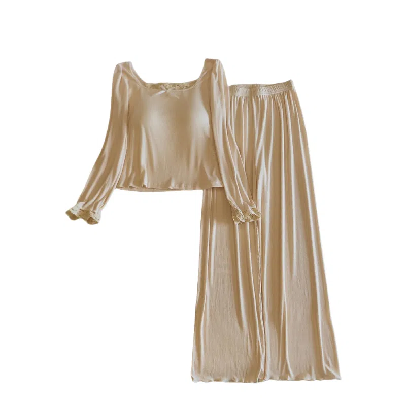 莫代尔 气质时尚百搭个性休闲简洁长袖长裤自带胸垫防凸点家居服可外穿女士睡衣套装 女款