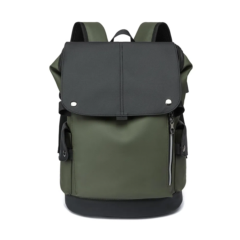 老人头 潮流时尚大容量短途旅游出差休闲背包通勤包电脑包大学生高中生上课书包 合成革 双肩包 常规 男款 皮膜军绿/花纹黑