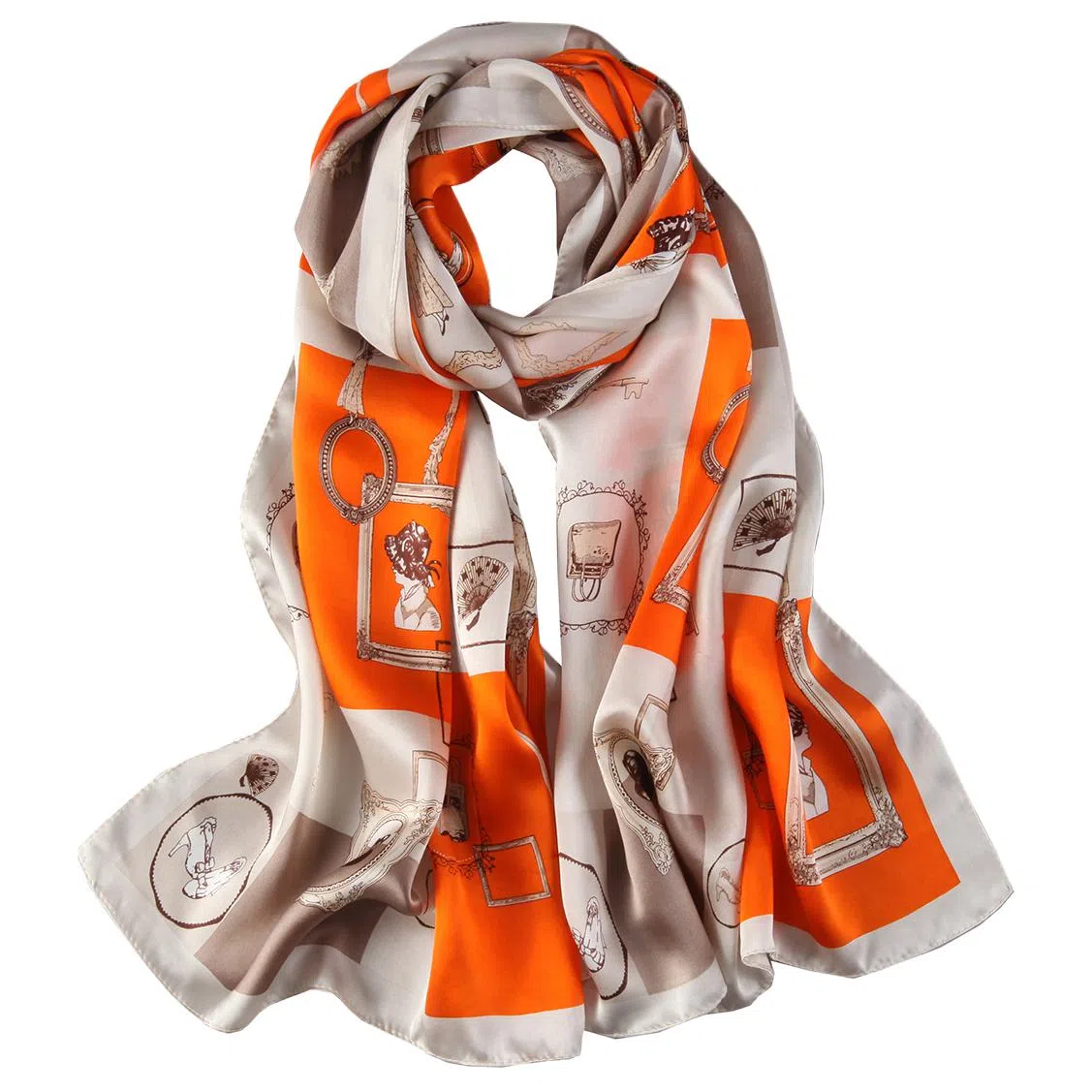 一米画纱 青春洋气丝滑优雅链条抽象图案长款披肩素绉缎出游装饰百搭长巾 桑蚕丝 丝巾 女款