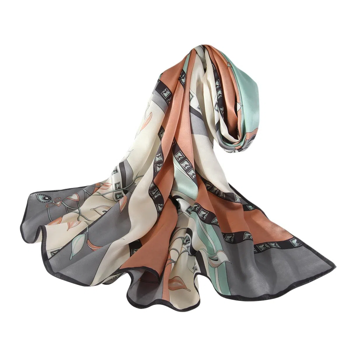 一米画纱 青春洋气丝滑优雅链条抽象图案长款披肩素绉缎出游装饰百搭长巾 桑蚕丝 丝巾 女款