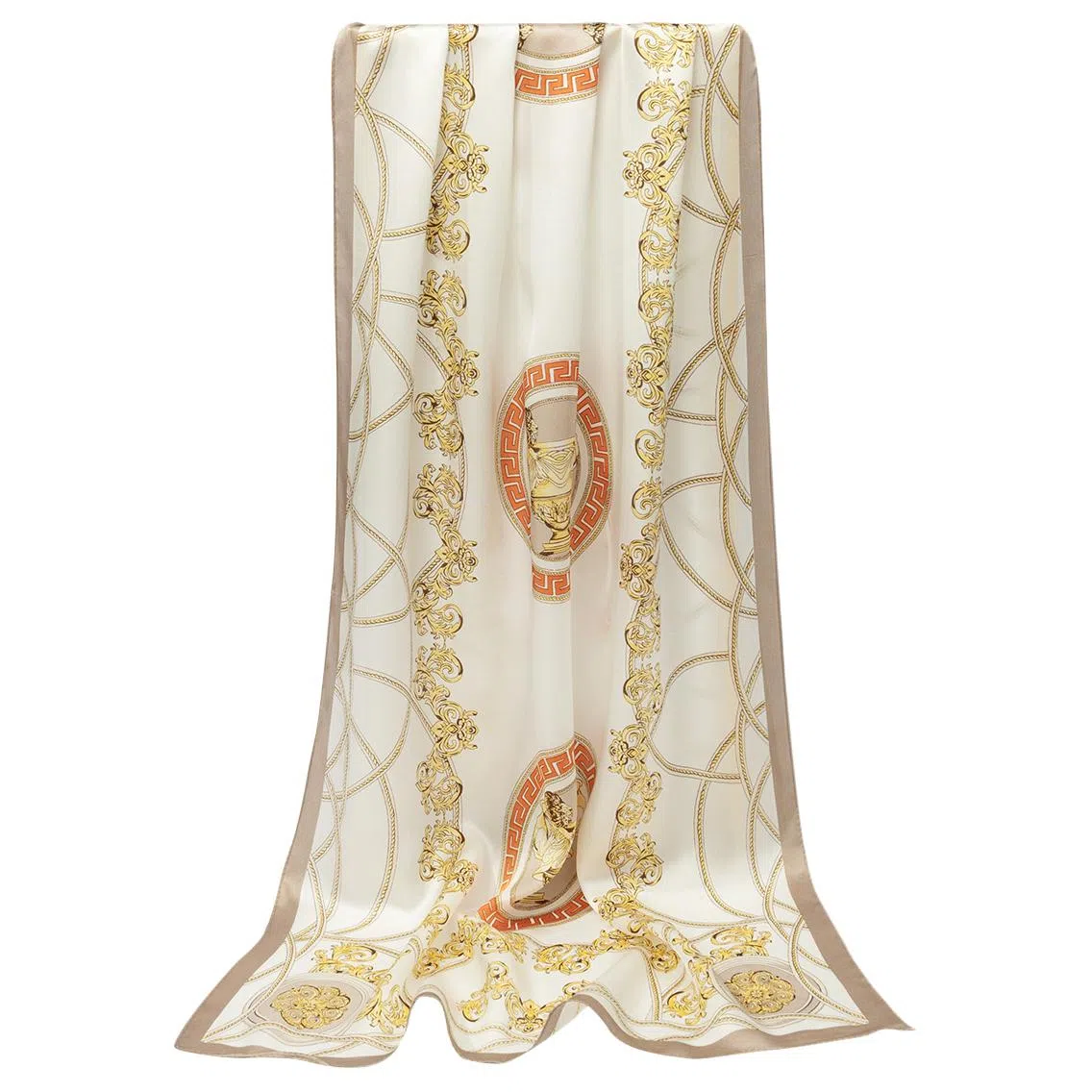 一米画纱 青春洋气丝滑优雅链条抽象图案长款披肩素绉缎出游装饰百搭长巾 桑蚕丝 丝巾 女款