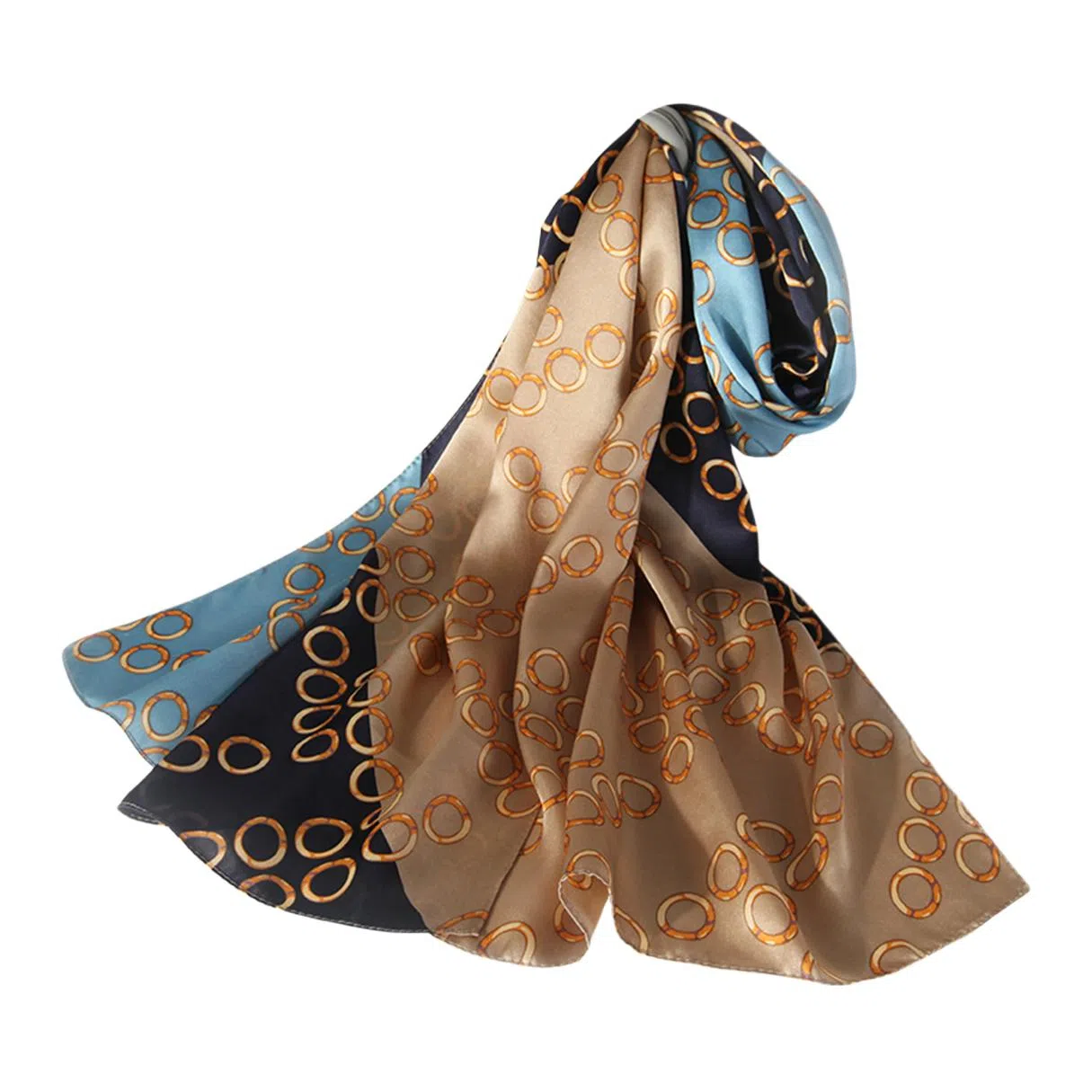 一米画纱 青春洋气丝滑优雅链条抽象图案长款披肩素绉缎出游装饰百搭长巾 桑蚕丝 丝巾 女款