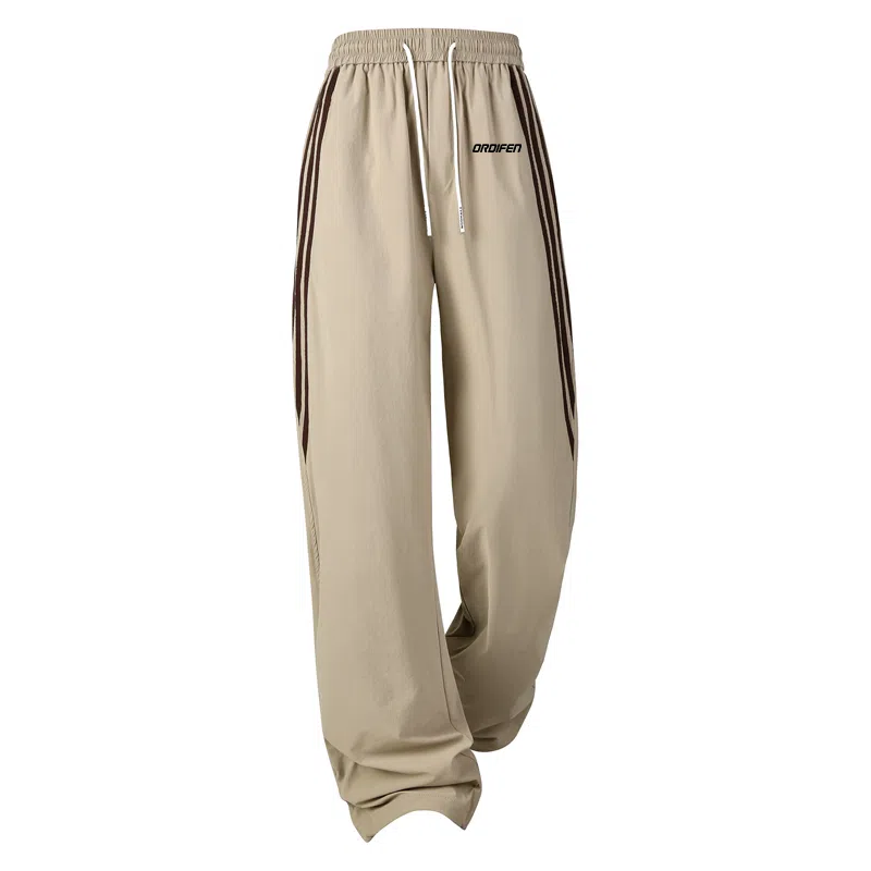 欧迪芬 轻薄长裤 简约舒适百搭时尚宽松透气美式复古设计高街潮牌条纹织带直筒阔腿针织运动裤显瘦显高休闲裤 女款