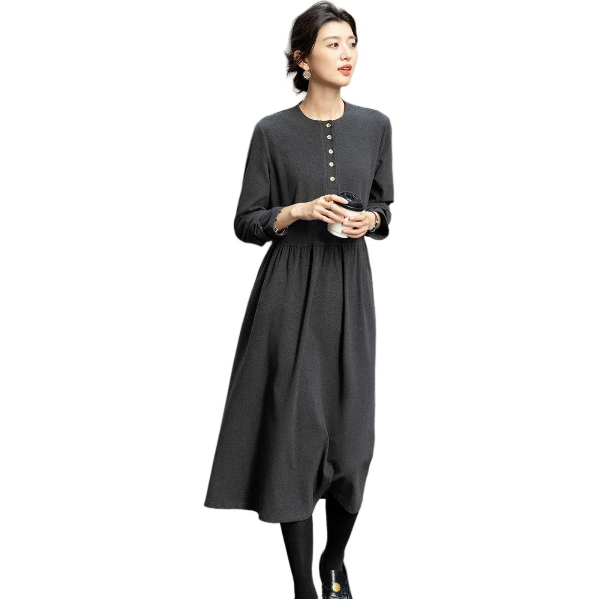 【dme】 秋季复古半开襟圆领抽皱收腰伞裙中长款暖暖的德绒经典设计高腰修身优雅气质百搭款式时尚显瘦法式风格拼接 长袖连衣裙 女款