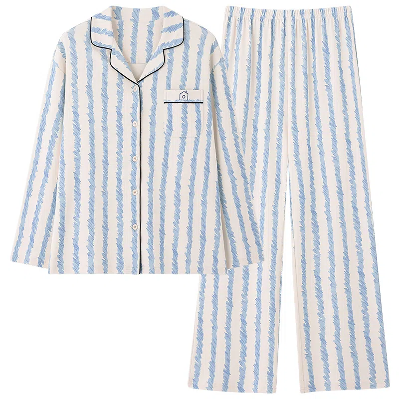 莫代尔 纯棉纯色亲肤舒适翻领开衫可外穿长袖长裤睡衣套装 男女同款