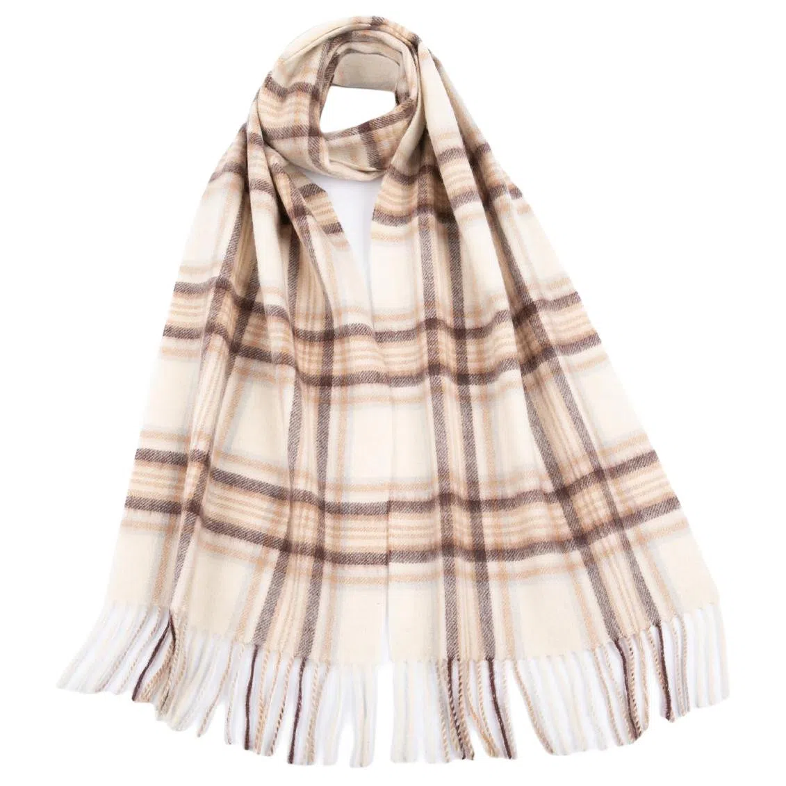 红豆 品牌格子条纹经典百搭白驼格 羊毛 绒线围巾 男女同款情侣款