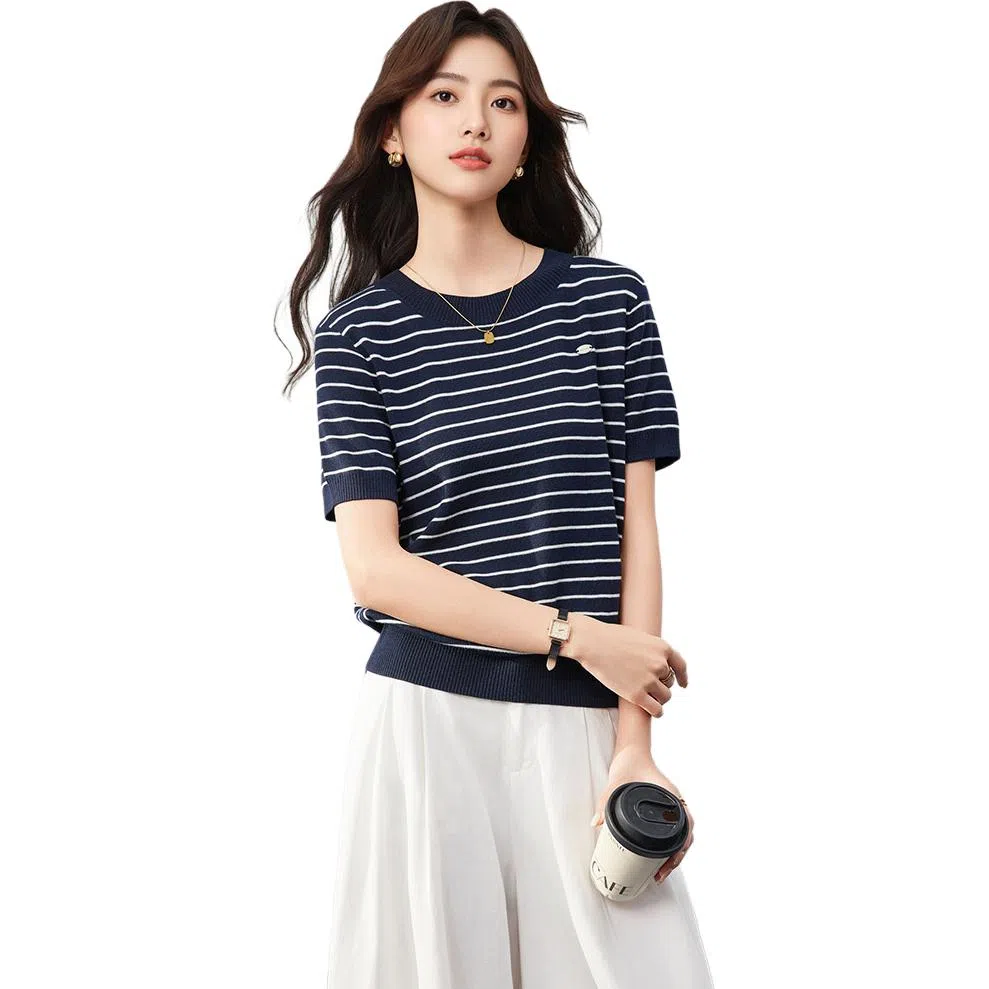 爱依服 韩版时尚通勤条纹休闲风针织衫 女款