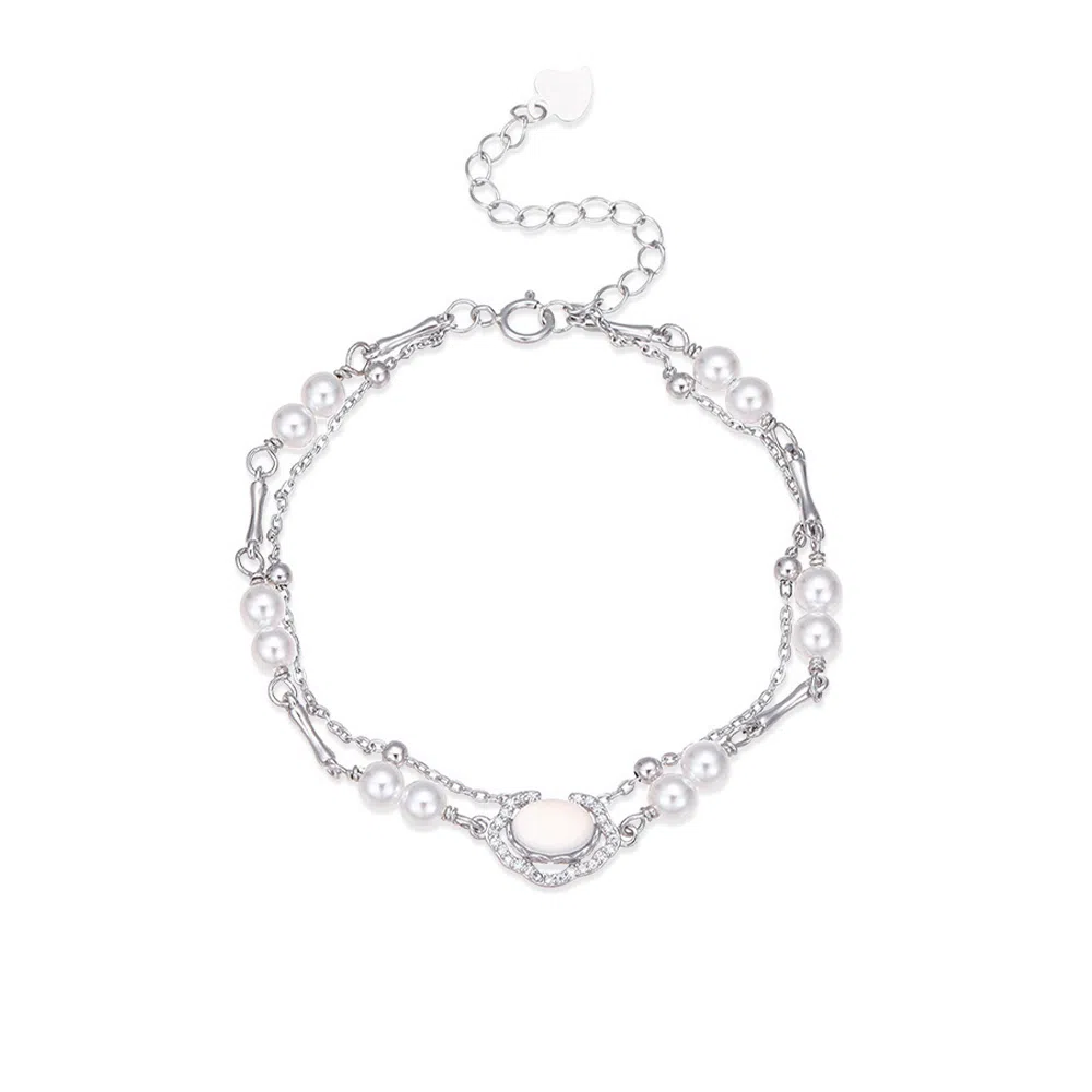 【S925纯银 双倍好运】 七七银饰 平安锁 新中式幸运学业考试上岸 平安如意双层叠戴设计 节节高升古风古装汉服优雅手饰   玉髓 手链 女款