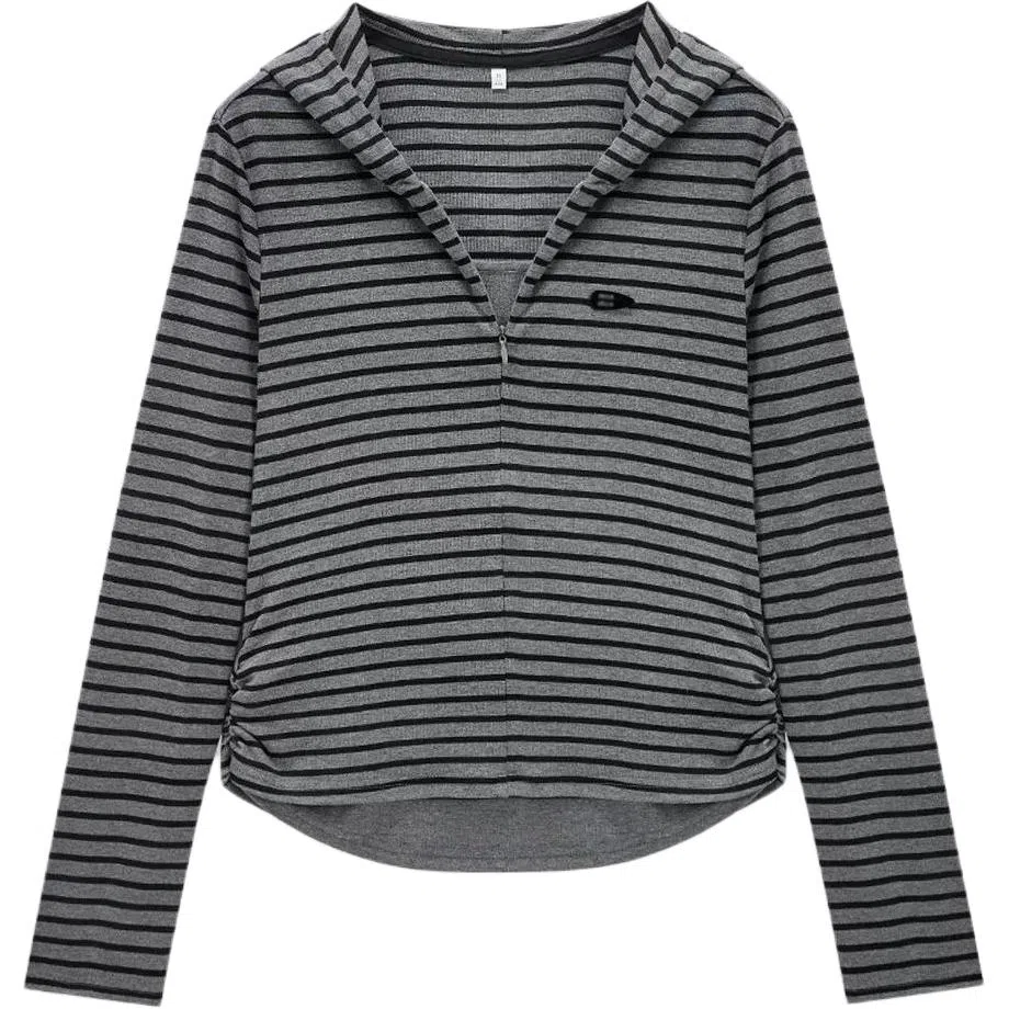 爱依服 条纹显瘦连帽设计卫衣 女款