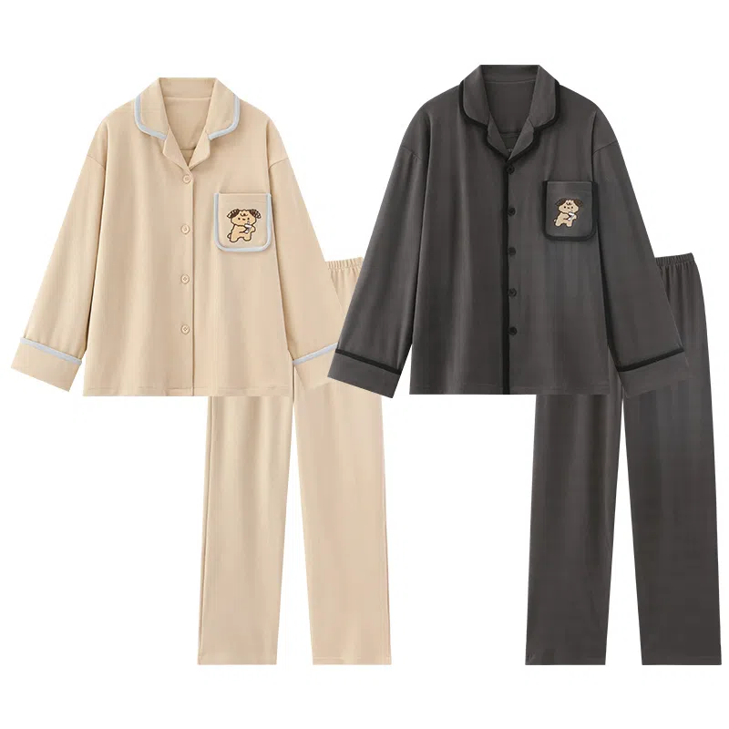 静英鸾 卡通小狗纯色简约风冬季翻领德绒加厚保暖家居服睡衣套装 男女同款