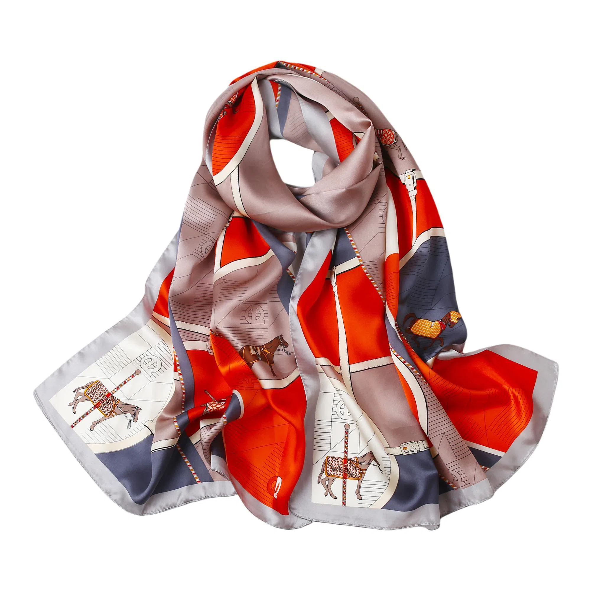 一米画纱 青春洋气丝滑优雅链条抽象图案长款披肩素绉缎出游装饰百搭长巾 桑蚕丝 丝巾 女款