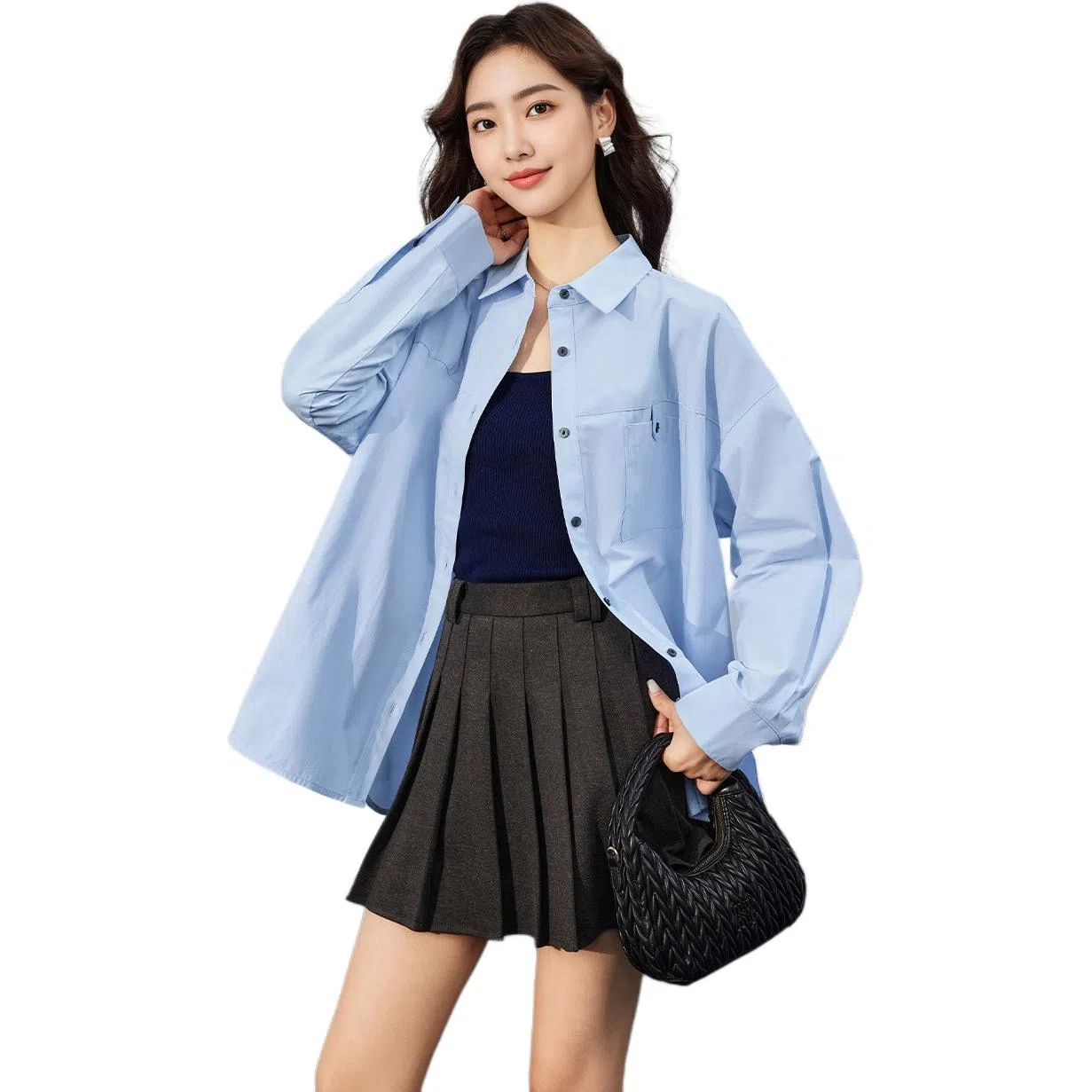 爱依服 简约休闲通勤纯色长袖衬衫套装 女款