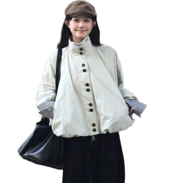 兰缪 纯色宽松适中立领长袖夹克外套 女款