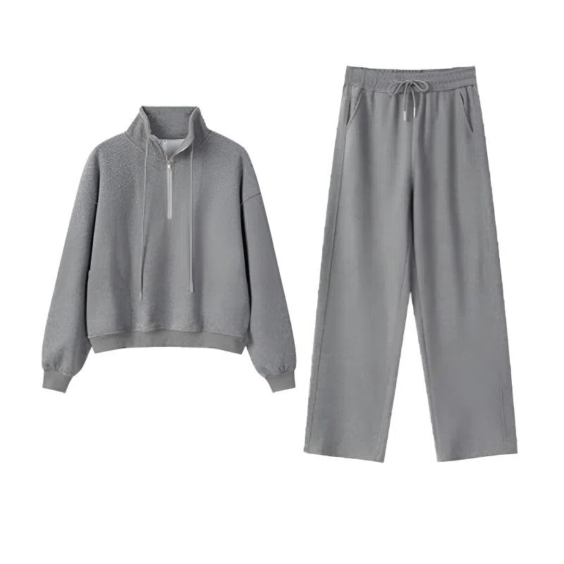 轻迎 韩系加绒立领卫衣慵懒宽松设计感卫裤两件套潮休闲套装 女款