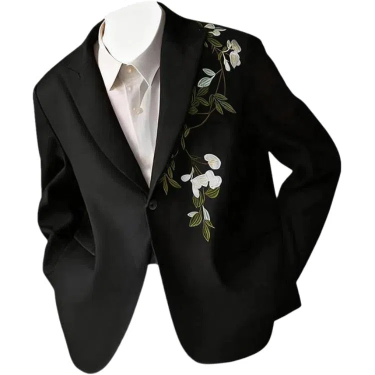 中国风新中式刺绣山茶花单排扣垫肩订婚礼服正装时尚休闲宽松亲肤百搭西装 男女同款