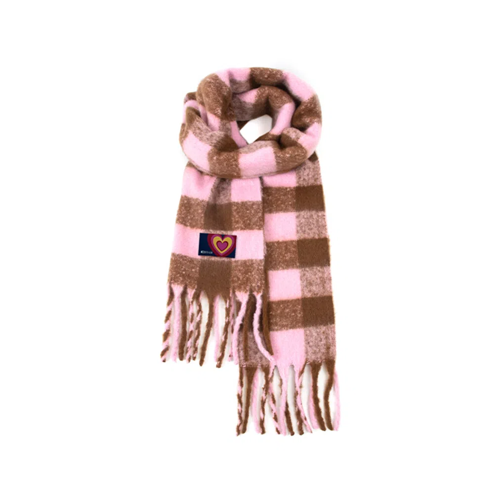 红豆 爱心条纹撞色加绒柔软舒适格子流苏 聚酯纤维 绒线围巾 男女同款情侣款