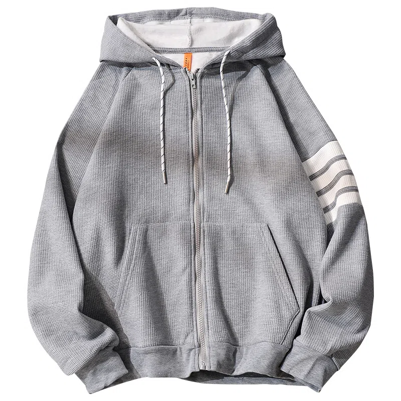 乱步 美式复古连帽华夫格开衫 拉链卫衣秋冬四条杠外套情侣装 男女同款