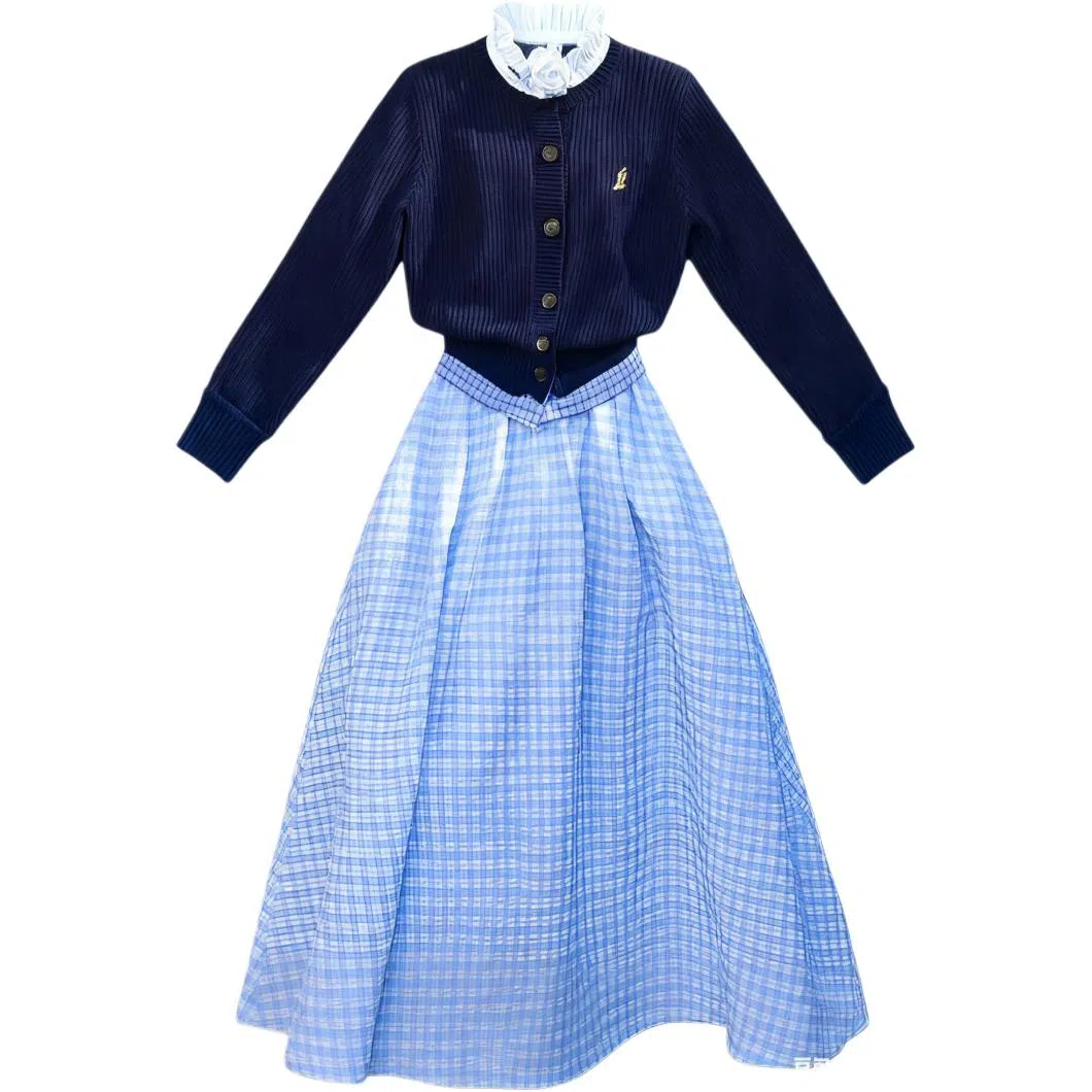 柏黛妃 格子合身高腰圆领适中长袖裙装套装 女款