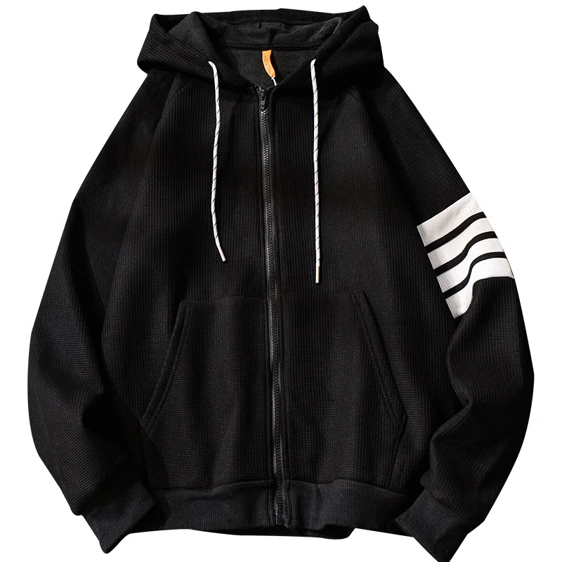 乱步 美式复古连帽华夫格开衫 拉链卫衣秋冬四条杠外套情侣装 男女同款