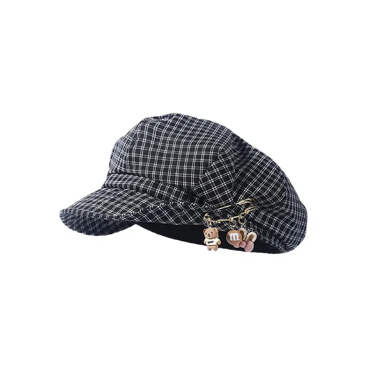 心水好物 韩式优雅千鸟格纹显脸小可爱别针卷边时尚文艺 棉 贝雷帽 女款