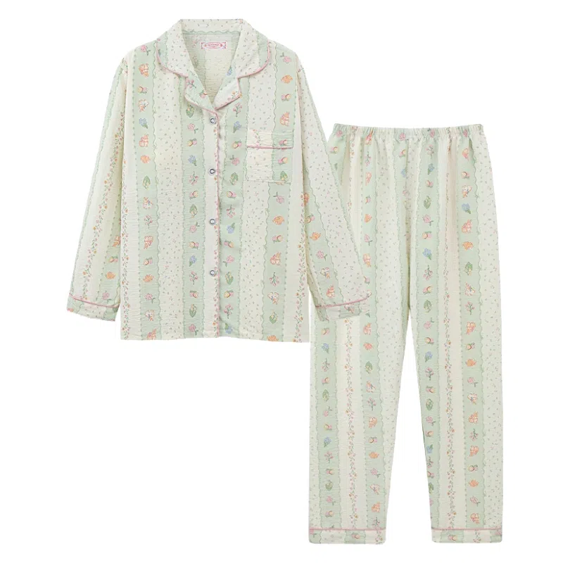 静英鸾 秋季翻领植物花卉甜美风休闲舒适家居服睡衣套装 女款