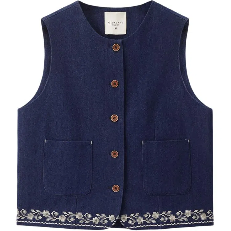 佐丹奴 撞色绣花下摆圆领牛仔外套马甲 女款