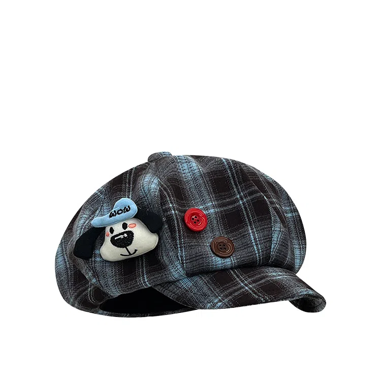 心水好物 韩式格纹音符刺绣拼接撞色小众设计 棉 贝雷帽 女款