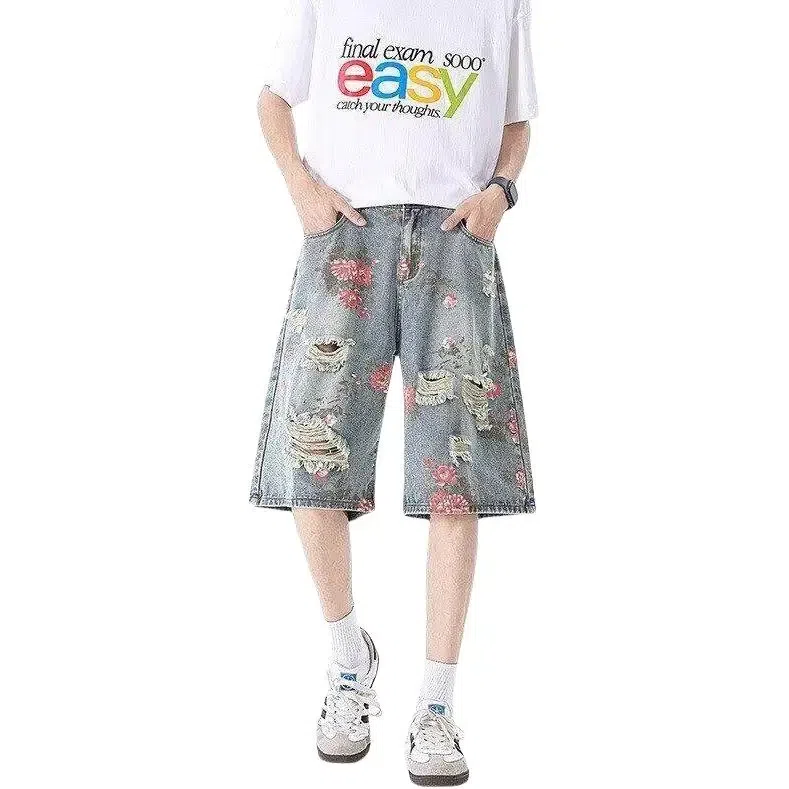 寻星记 美式潮流高街小众花卉印花舒适宽松高腰痞帅百搭日常休闲五分牛仔短裤 男女同款