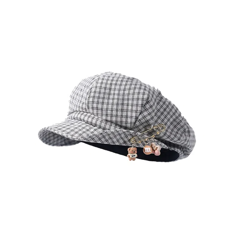 心水好物 韩式优雅千鸟格纹显脸小可爱别针卷边时尚文艺 棉 贝雷帽 女款