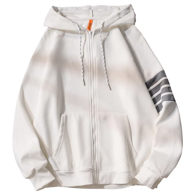 乱步 美式复古连帽华夫格开衫 拉链卫衣秋冬四条杠外套情侣装 男女同款