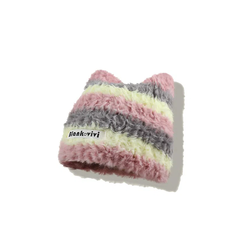 【甜酷Y2k~小猫模拟器】 攸委 韩版撞色条纹可爱猫耳朵毛线帽子秋冬季保暖加厚防寒 涤纶 针织套头毛绒线包头帽护耳帽 男女同款情侣款