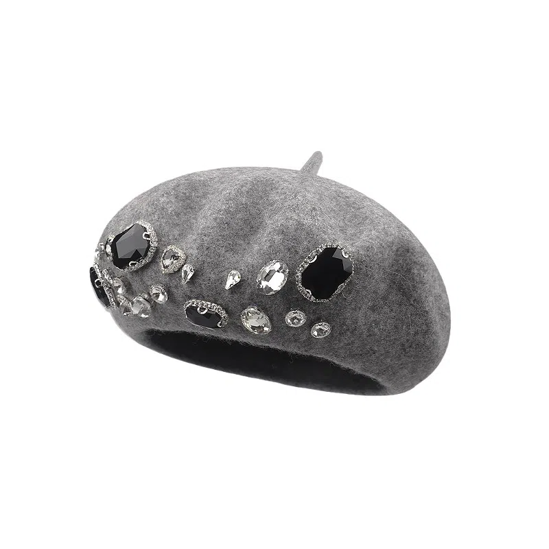 钓鱼熊 重工水钻百搭羊毛呢时尚保暖画家帽百搭显脸小 聚酯纤维 贝雷帽 男女同款情侣款