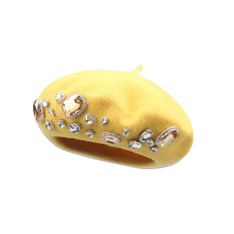 钓鱼熊 重工水钻百搭羊毛呢时尚保暖画家帽百搭显脸小 聚酯纤维 贝雷帽 男女同款情侣款