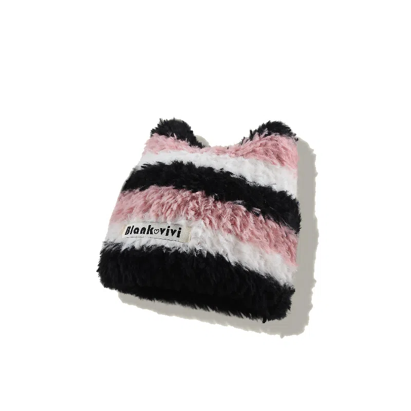 【甜酷Y2k~小猫模拟器】 攸委 韩版撞色条纹可爱猫耳朵毛线帽子秋冬季保暖加厚防寒 涤纶 针织套头毛绒线包头帽护耳帽 男女同款情侣款