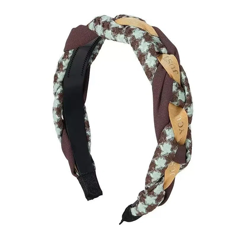 希铃 棕绿格纹编织麻花高颅顶 布艺 发箍 女款