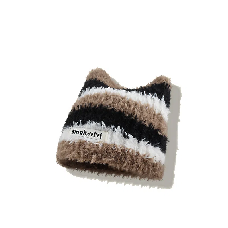 【甜酷Y2k~小猫模拟器】 攸委 韩版撞色条纹可爱猫耳朵毛线帽子秋冬季保暖加厚防寒 涤纶 针织套头毛绒线包头帽护耳帽 男女同款情侣款