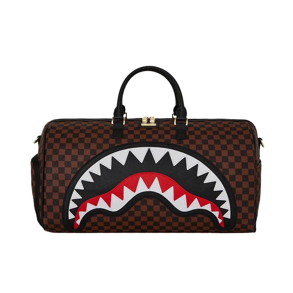 Sprayground Shark Logo Checkerboard Travel Bag Brown