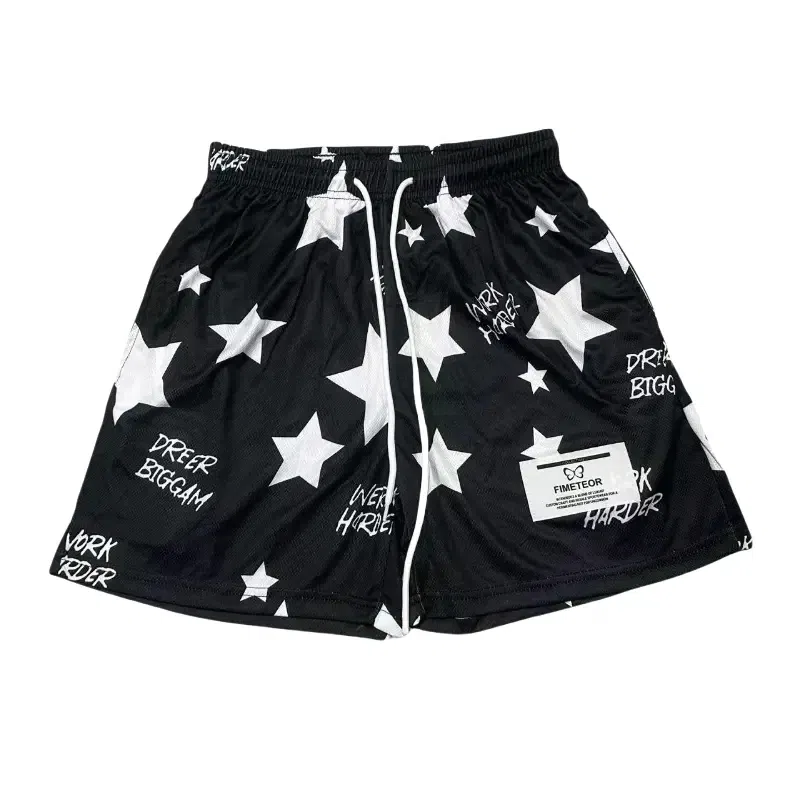 美式高街闪电字母印花网眼痞帅日常户外运动透气凉感速干沙滩裤休闲宽松舒适百搭直筒松紧腰短裤三分篮球裤 男女同款
