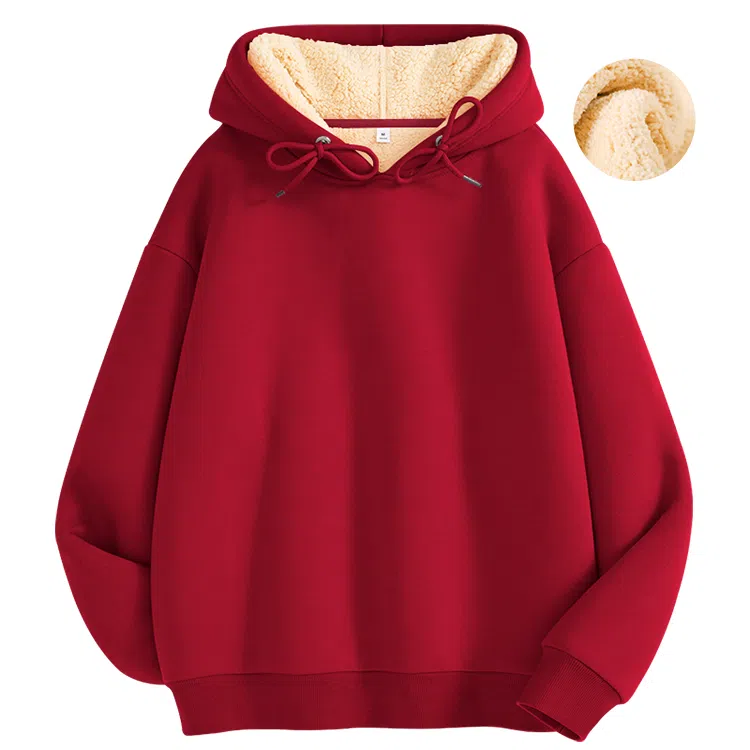 棉致 纯色加绒加厚时尚基础无性别主义连帽外套宽松小众舒适简约落肩长袖卫衣 男女同款
