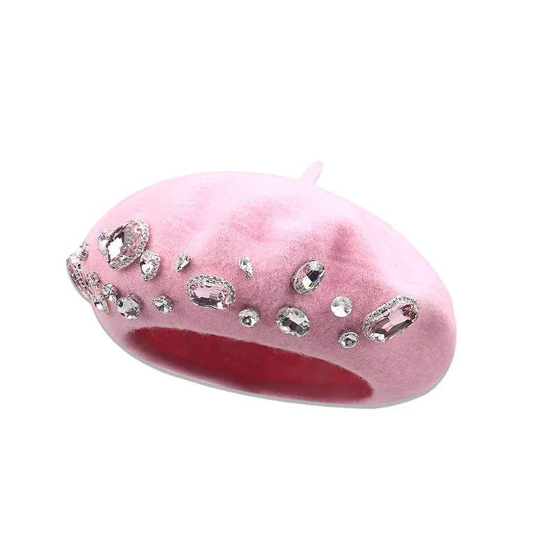 钓鱼熊 重工水钻百搭羊毛呢时尚保暖画家帽百搭显脸小 聚酯纤维 贝雷帽 男女同款情侣款