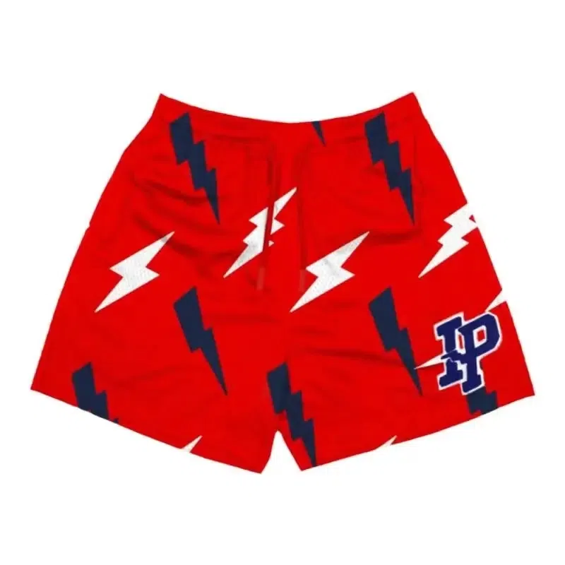 美式高街闪电字母印花网眼痞帅日常户外运动透气凉感速干沙滩裤休闲宽松舒适百搭直筒松紧腰短裤三分篮球裤 男女同款