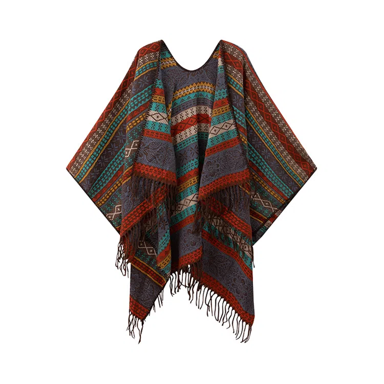 浪莎 外搭民族风流苏薄款条纹撞色百搭 聚酯纤维 披肩 女款