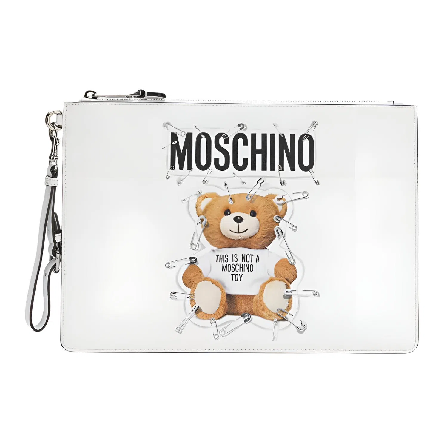 Moschino Teddy Bear Zip Leather Clutch Large White